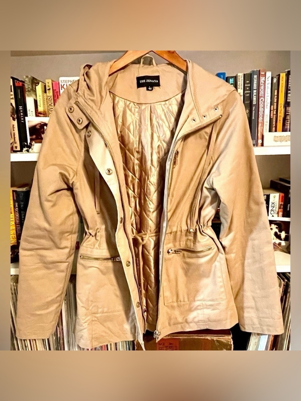 Zenana Outfitters Beige Utility Parka Jacket Size Large Coat Waist Cinch Hooded